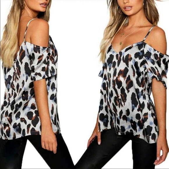 Off Shoulder, Leopard Print Blouse - Picture 3 of 12